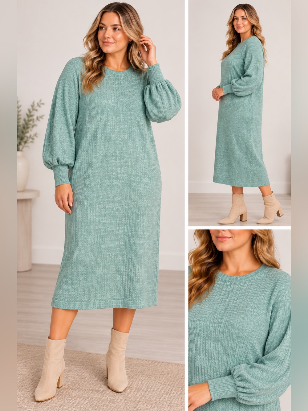 Zara Green Marled Ribbed Knit Midi Dress L Balloon Sleeve Cottagecore L